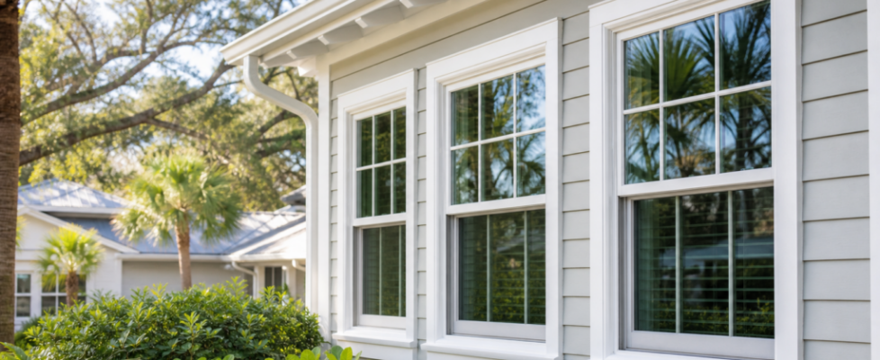 White replacement windows on a Savannah-area coastal home