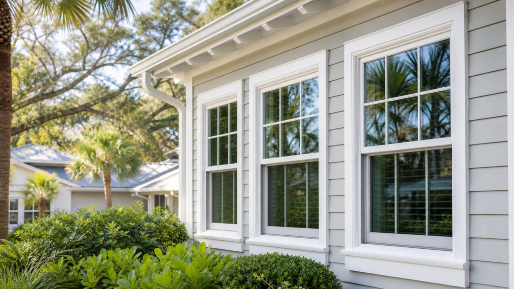 White replacement windows on a Savannah-area coastal home